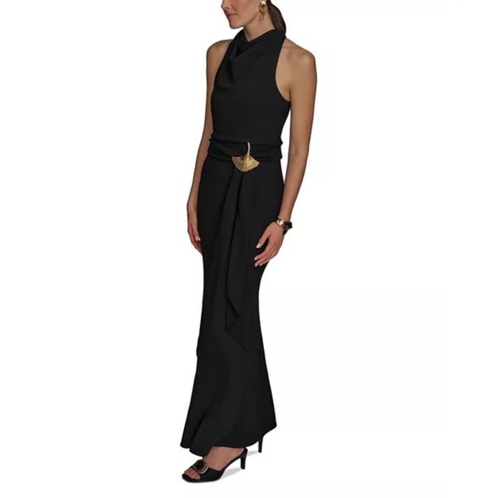 Donna Karan New York Black Cowl Neck Gown Gold Ginkgo Leaf Detail Size 6 NWT - Picture 2 of 15
